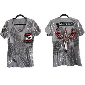 REBEL SPIRIT Embroidered Patches Bleach Splatter Dagger Y2K Women’s Tee - Sz XL